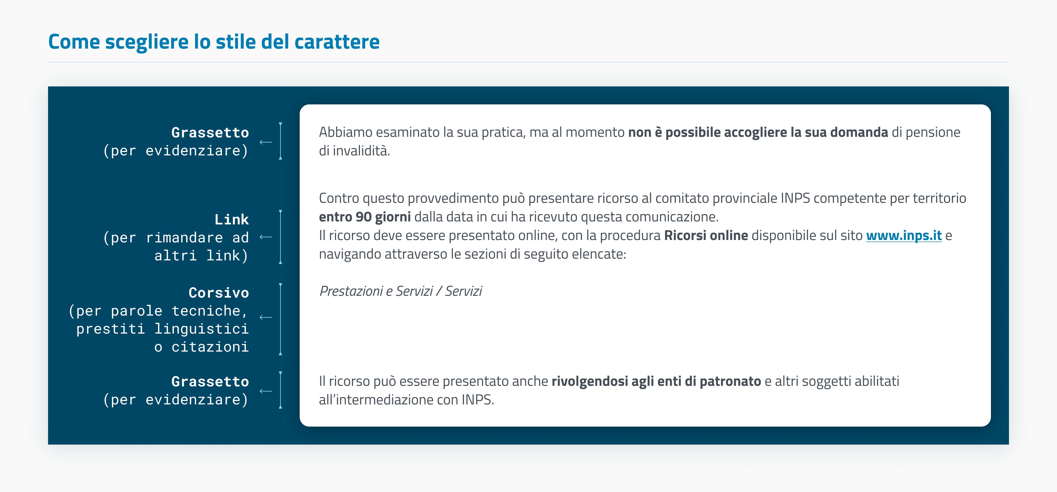 L’uso della formattazione del carattere aiuta la scansione veloce di un testo. è importante codificare l’uso degli stili e mantenerlo sempre coerente.